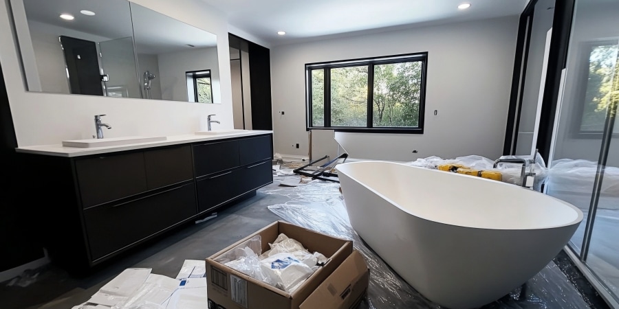 Installing a new bathtub and sinks with enhanced plumbing.