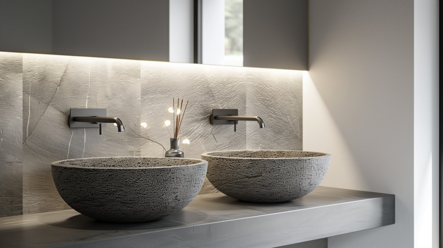 Salle de bain épurée avec double vasque en pierre grise, miroir sans cadre et éclairage indirect
